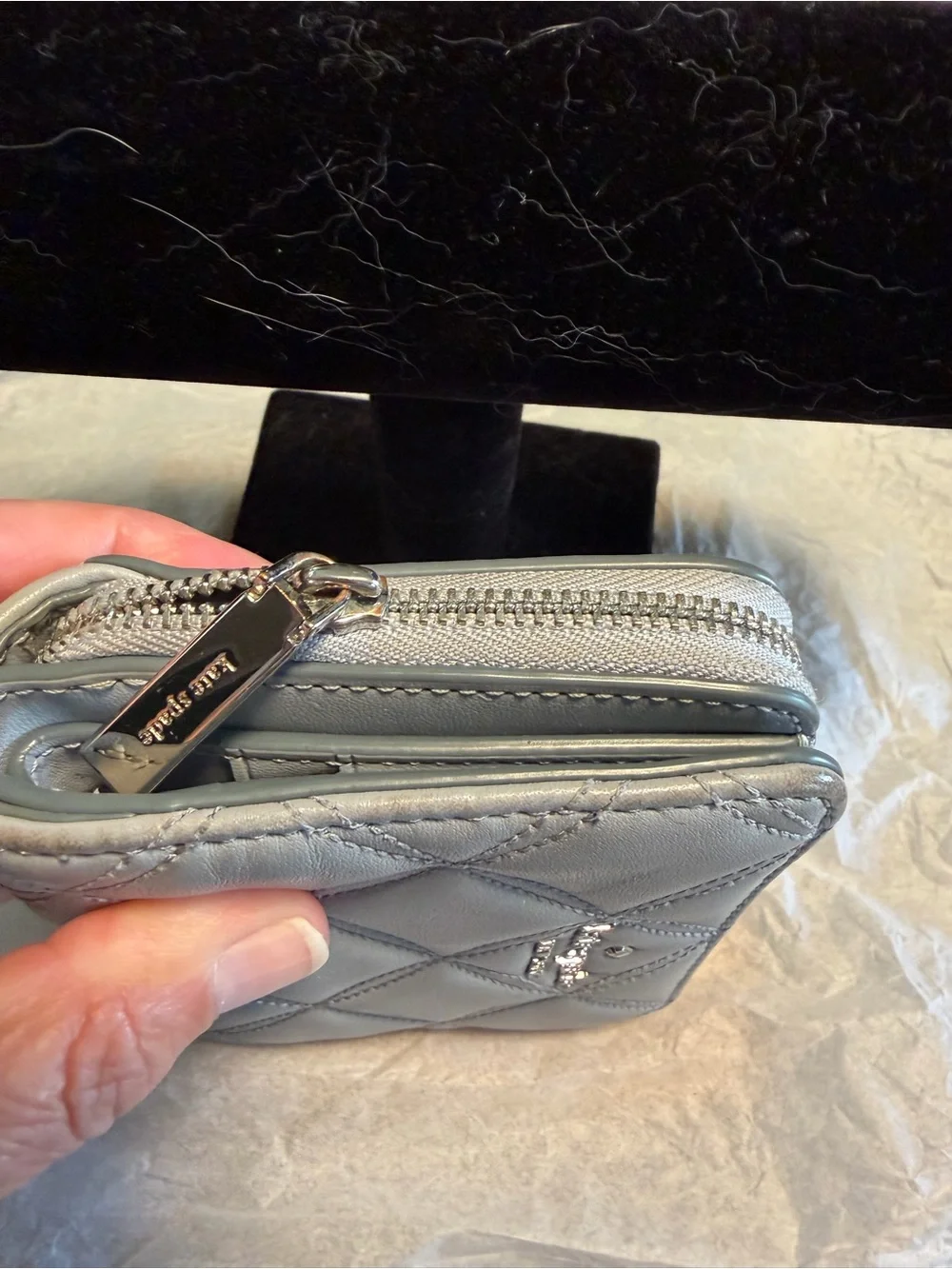 kate spade Quilted Leather Zip Wallet in Light Gray